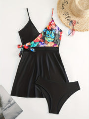 Tropical Print Two Pieces Swimsuit V Neck Bow Tie Beachwear