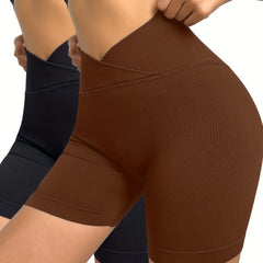 Women's High Waisted Cross Waist Ribbed Sports Yoga Shorts