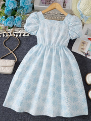 Floral Textured Princess Dress For Girls Puff Sleeve Party Birthday Dress