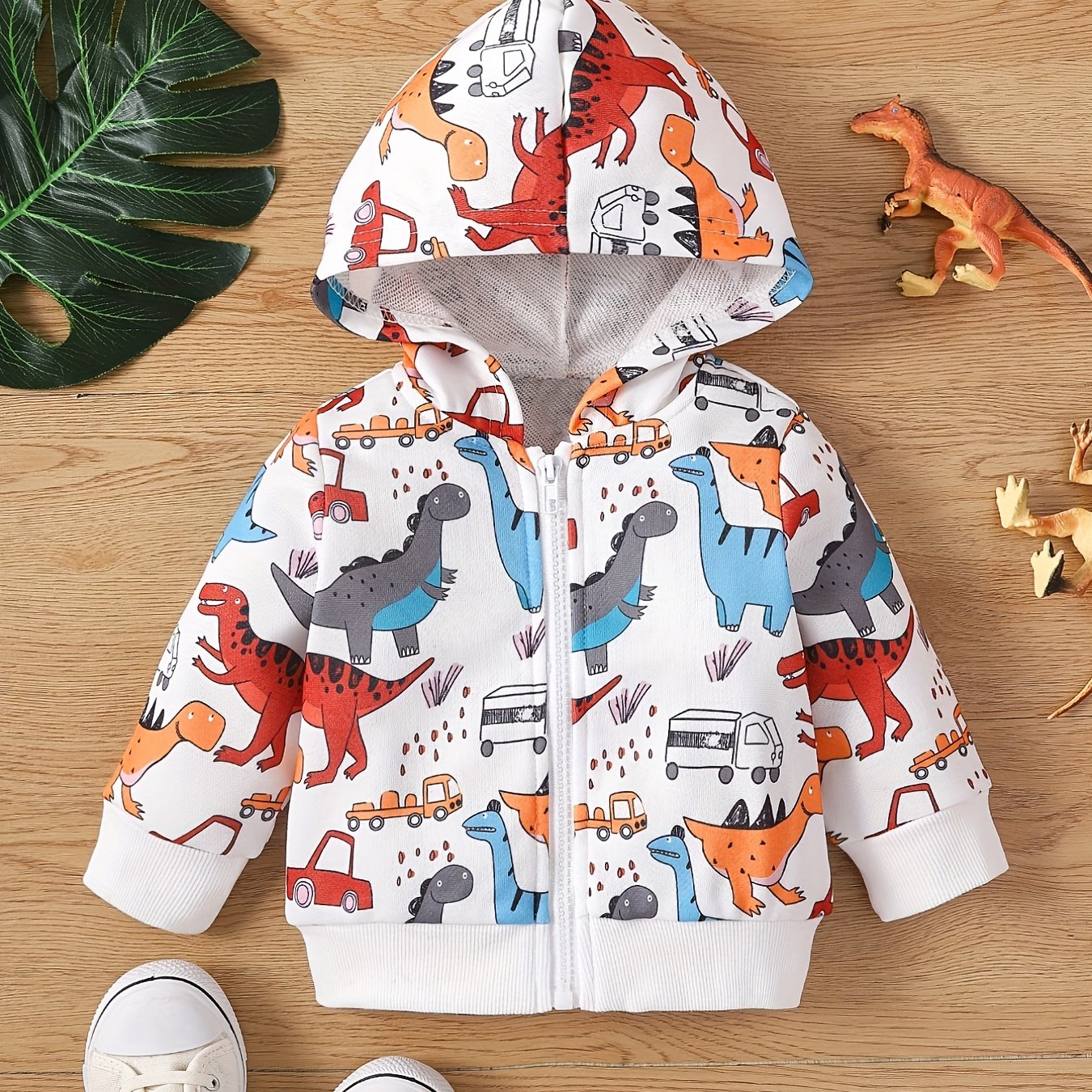Boy Dinosaur Print Hooded Jacket, Sports Cardigan