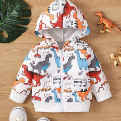 Boy Dinosaur Print Hooded Jacket, Sports Cardigan