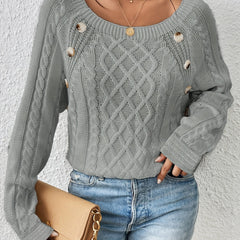 Textured Button Casual Sweater Long Sleeve Crew Neck Knit Jumper