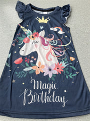Girl's Pony One piece Dress Butterfly Sleeve Crew Neck Princess Dress Summer