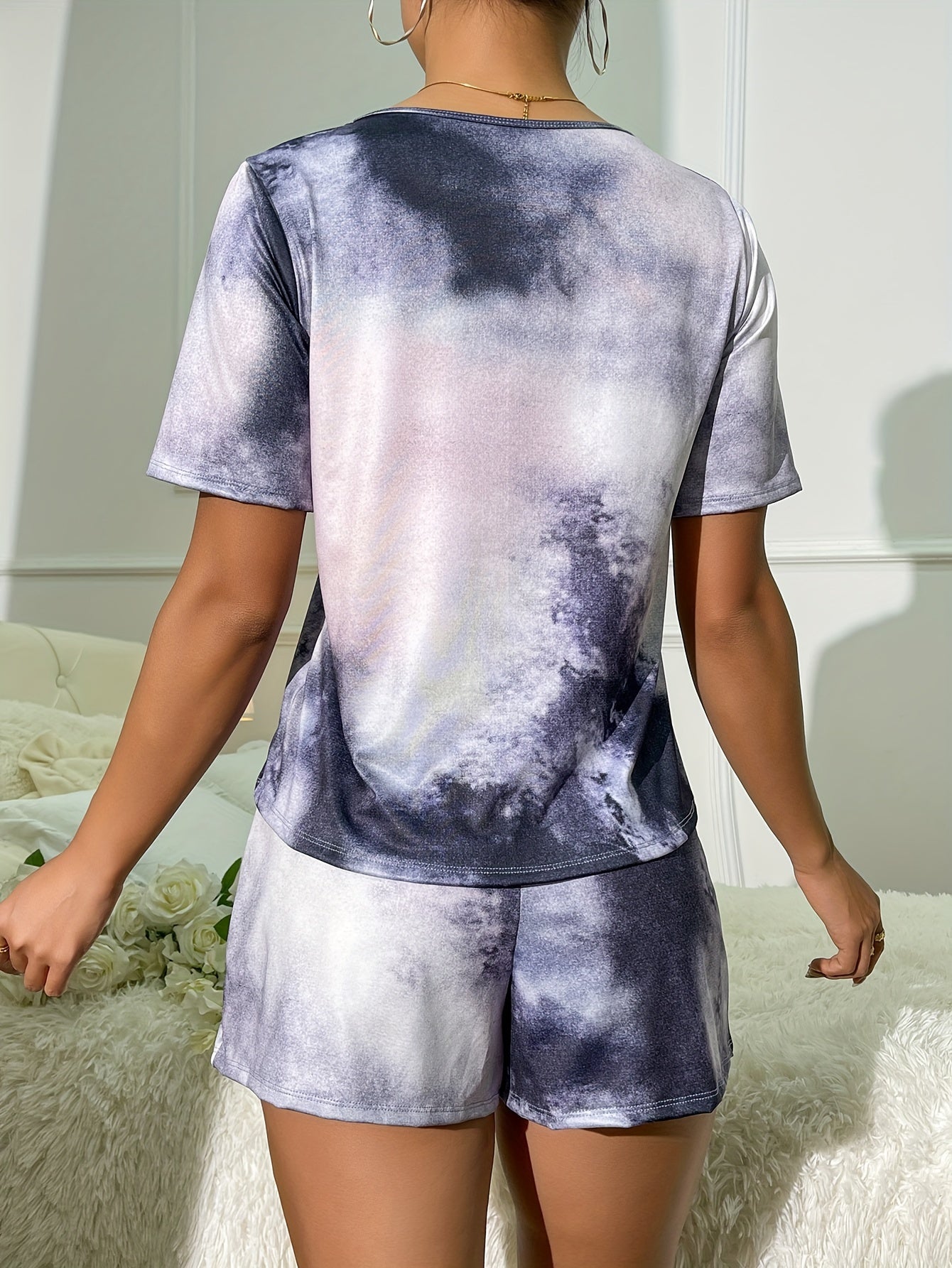 Tie Dye Print Pajamas Set Short Sleeve Top & Shorts