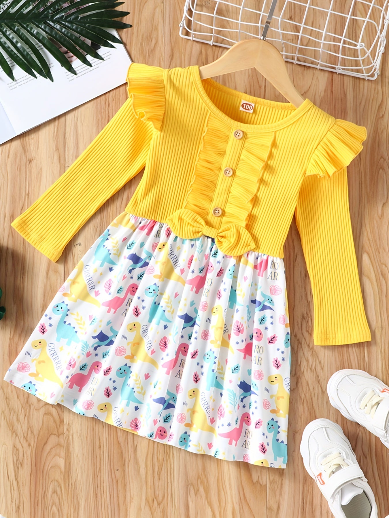 Toddler Kids Floral Print Bowknot Dress Long Sleeves Fall Dress For Girls
