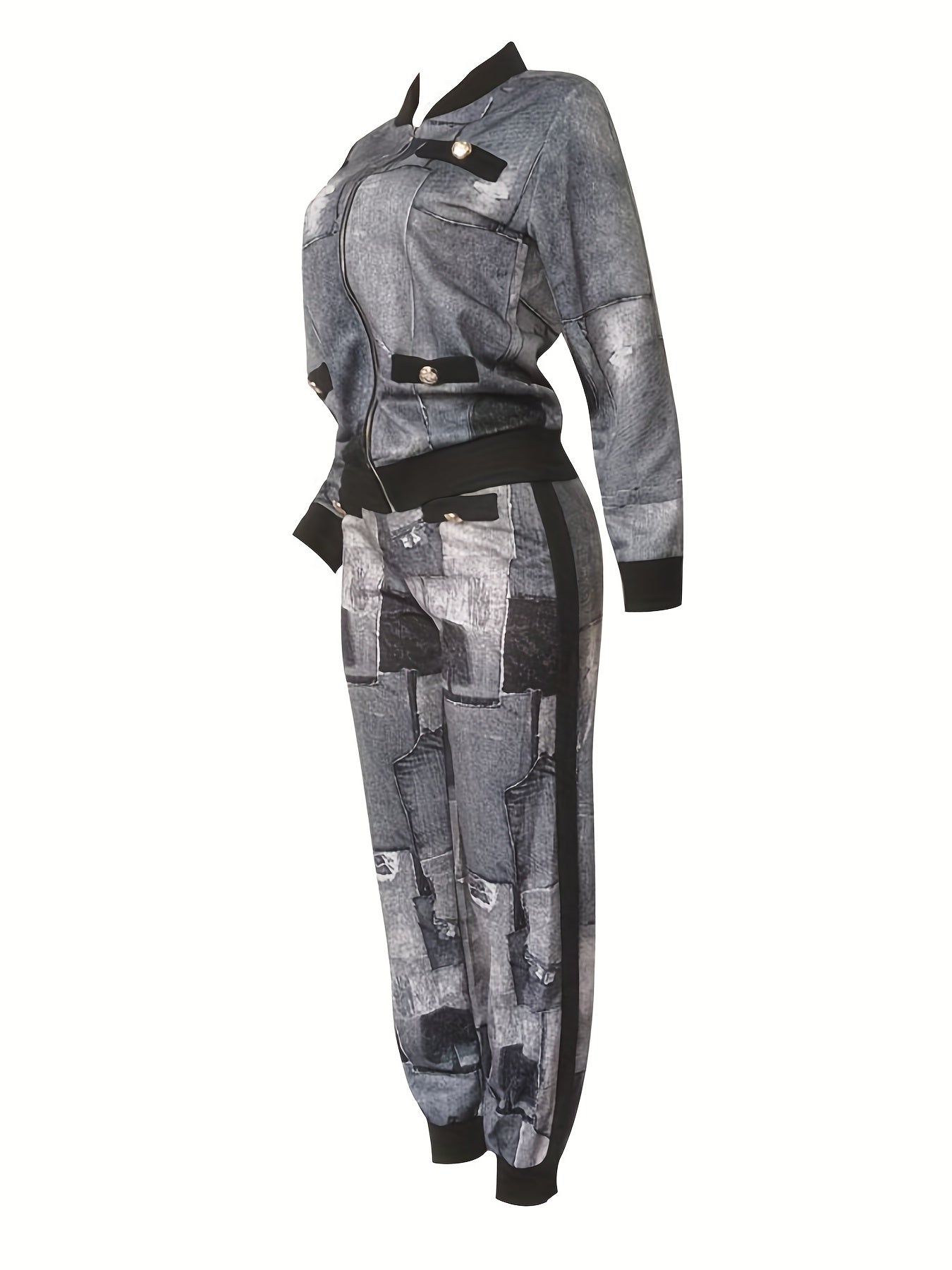 Denim Patchwork Print Jacket & Joggers Set Women's Plus 2pcs Outfits