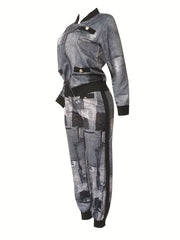 Denim Patchwork Print Jacket & Joggers Set Women's Plus 2pcs Outfits