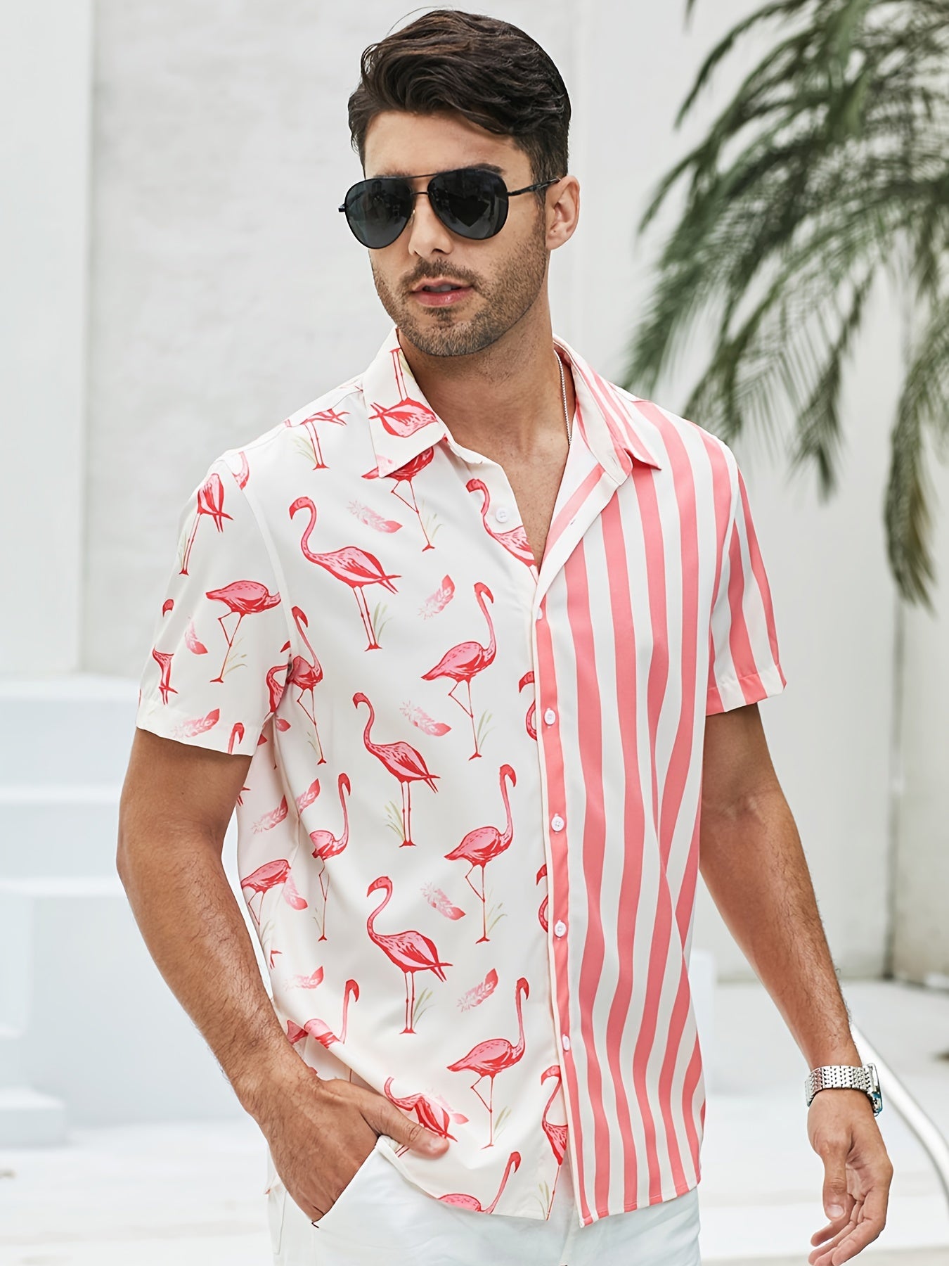 Flamingo Stripe High Stretch Short Sleeve Hawaiian Shirt