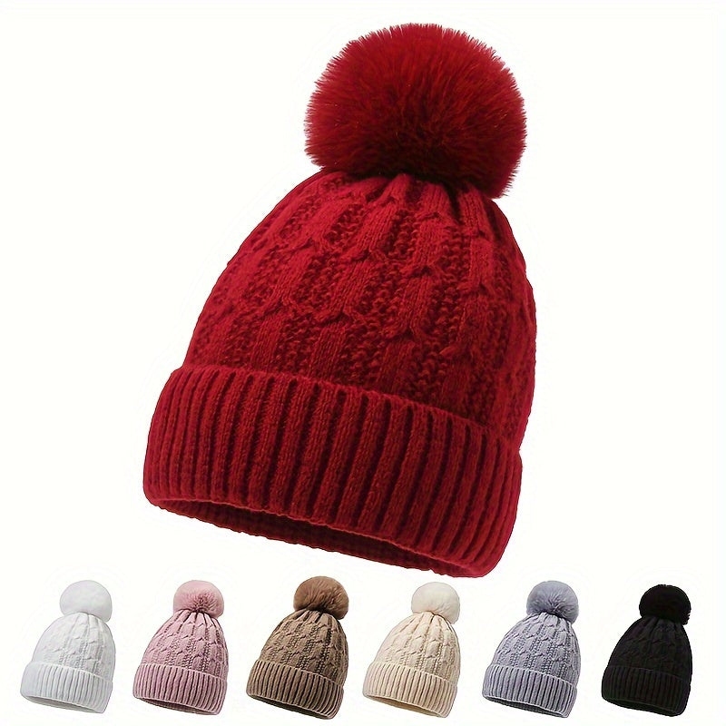 Winter Thickened Knitted Hat With Pom