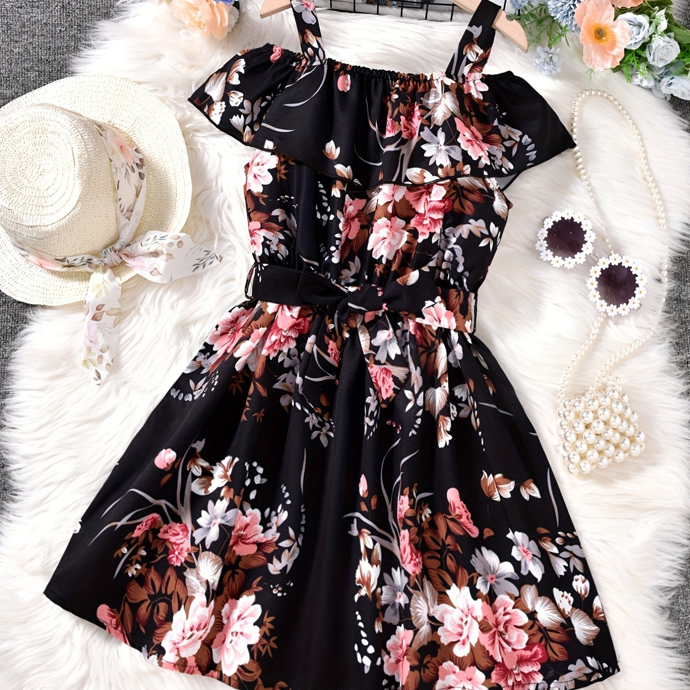 Girls Cold Shoulder Ruffle Trim Flowers Graphic Princess Dress