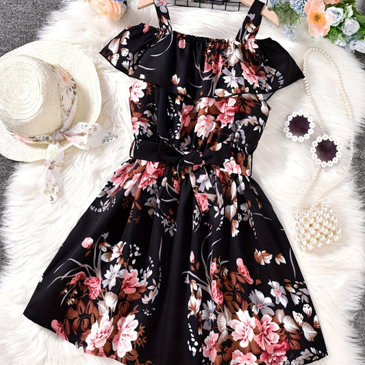 Girls Cold Shoulder Ruffle Trim Flowers Graphic Princess Dress
