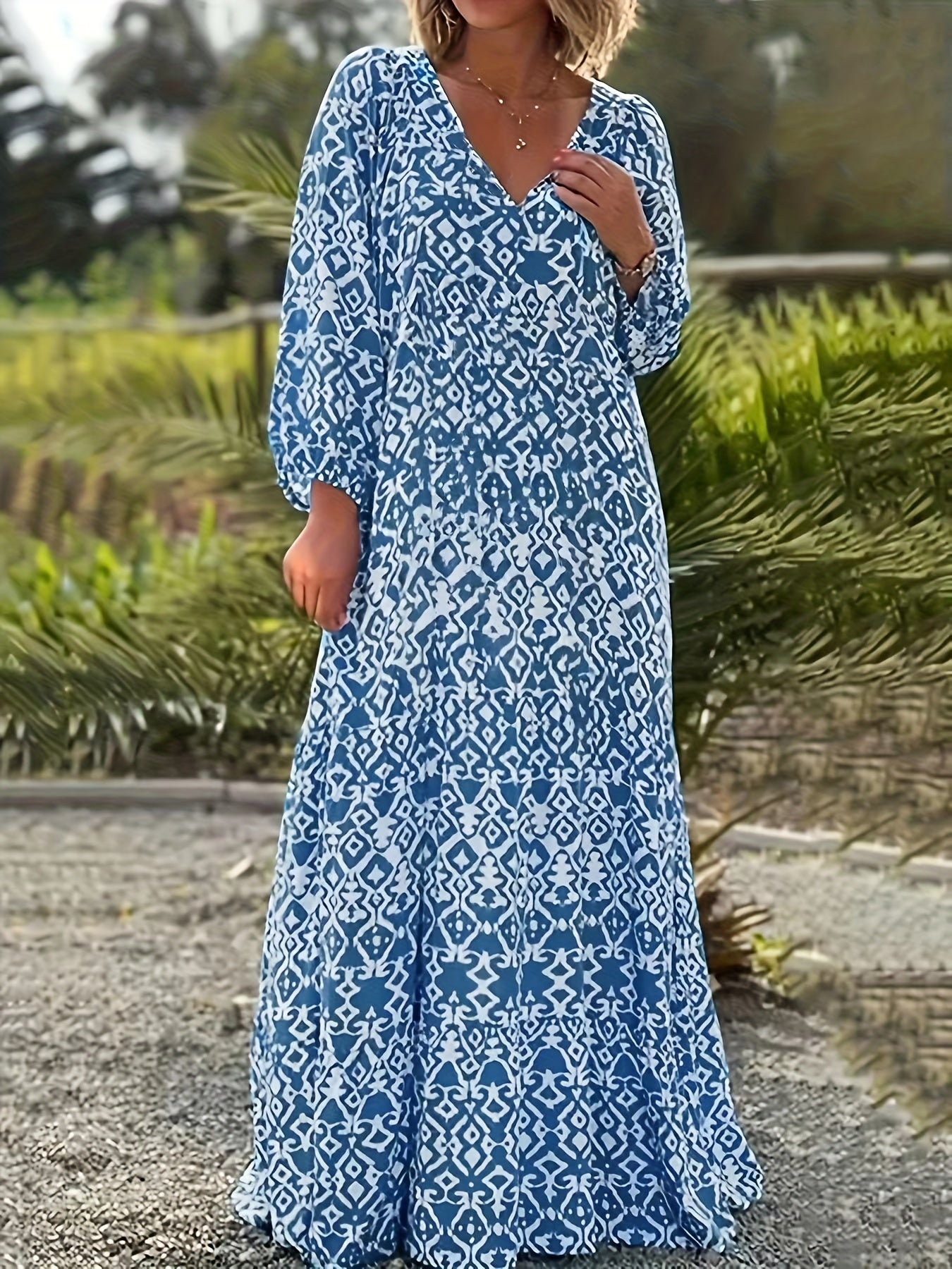 Boho Lantern Sleeve V Neck Maxi Dress - Plus Size
