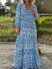 Boho Lantern Sleeve V Neck Maxi Dress - Plus Size