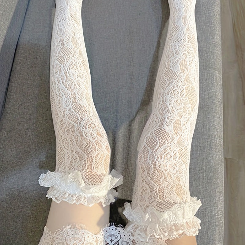 Floral Lace Thigh High Stockings Lolita Ruffle Over The Knee Socks