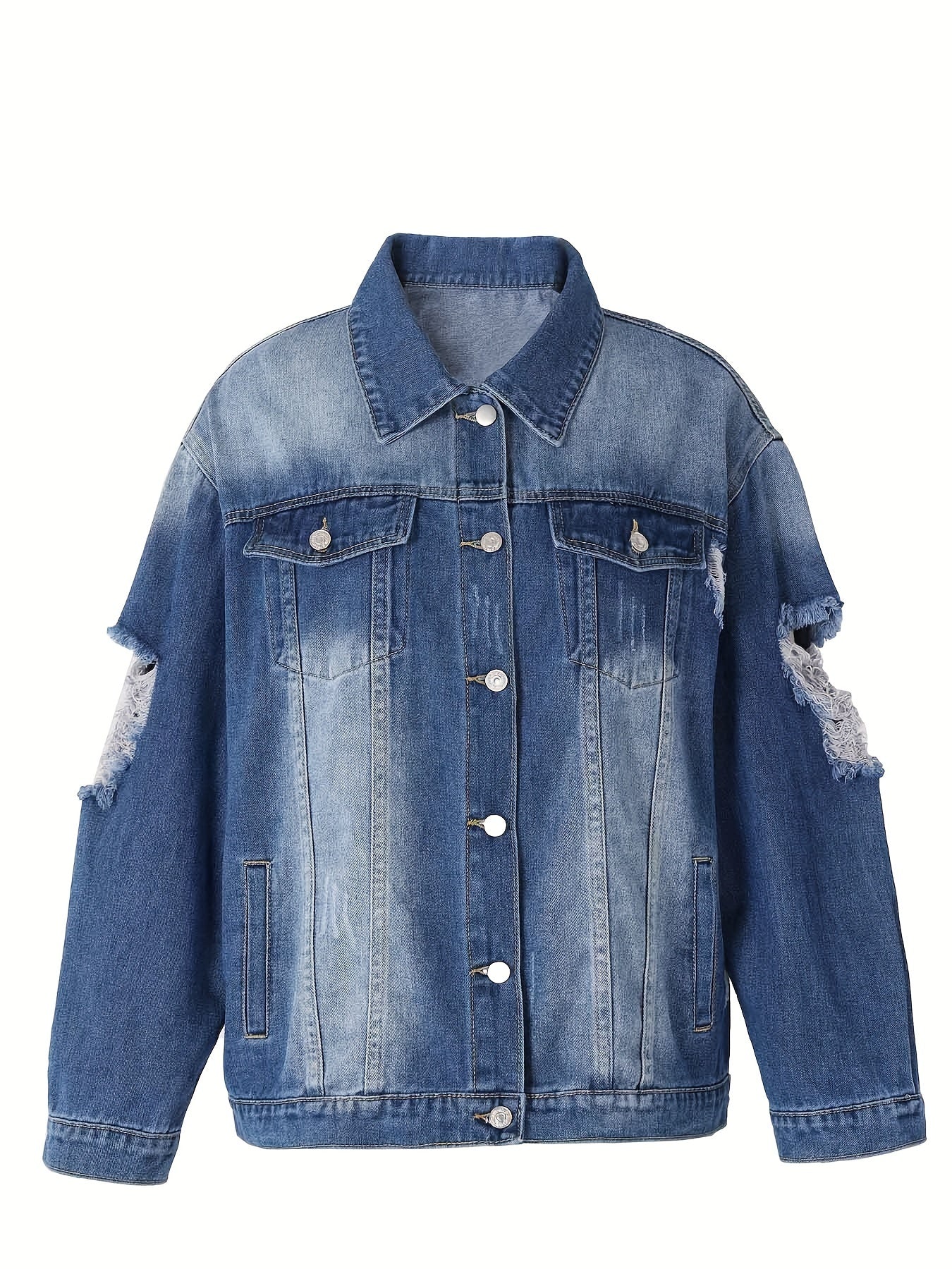 Casual Denim Jacket Women's Plus Washed Ripped Long Sleeve Button Up