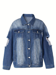 Casual Denim Jacket Women's Plus Washed Ripped Long Sleeve Button Up