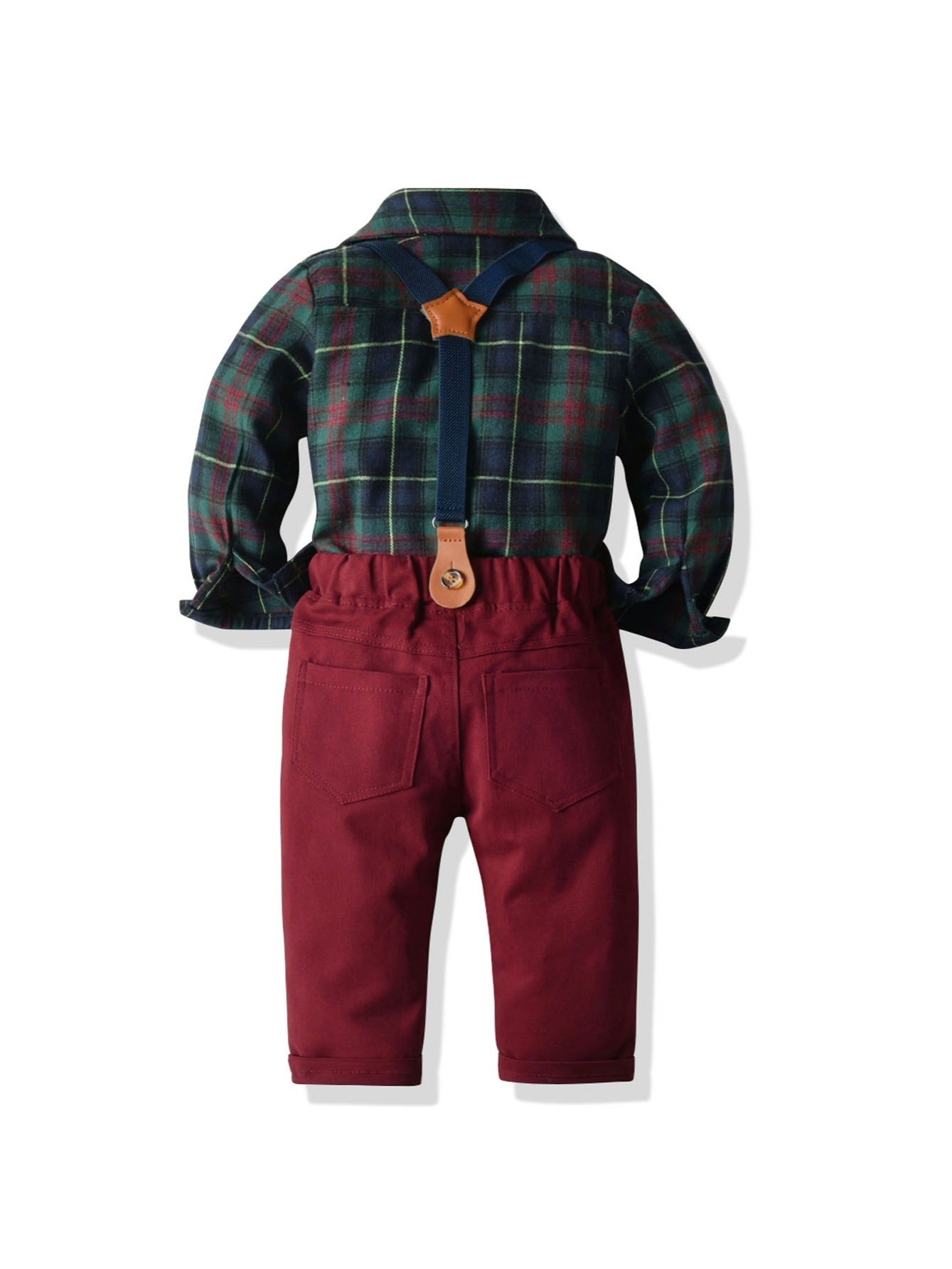 Baby Boys Gentleman Outfit Plaid Shirt & Suspender Pants Set
