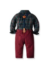 Baby Boys Gentleman Outfit Plaid Shirt & Suspender Pants Set