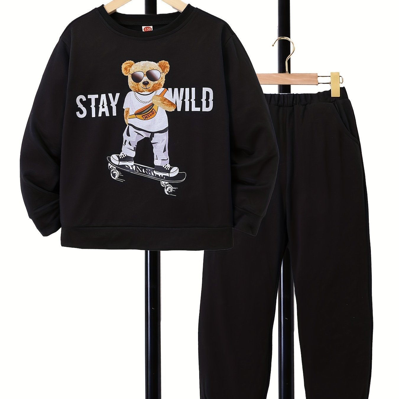 Boy's 2pcs Skateboard Bear STAY WILD Sweatshirt & Sweatpants Set