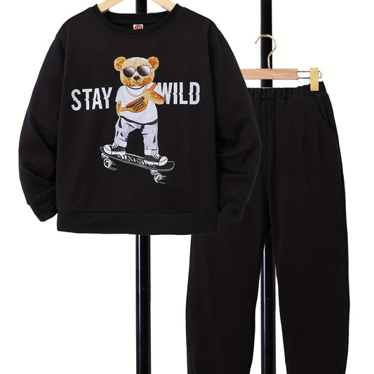 Boy's 2pcs Skateboard Bear STAY WILD Sweatshirt & Sweatpants Set