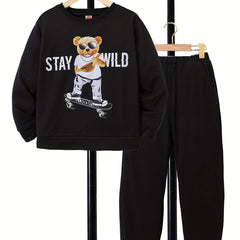 Boy's 2pcs Skateboard Bear STAY WILD Sweatshirt & Sweatpants Set