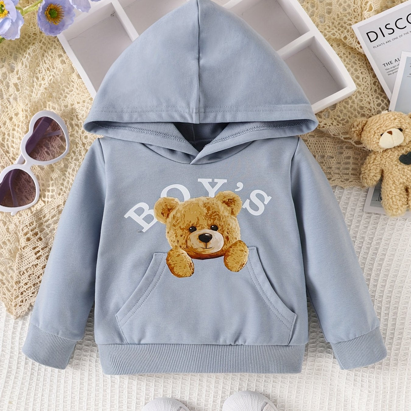 Baby Boys Bear Print Hooded Top Sweatshirt with Large Pocket