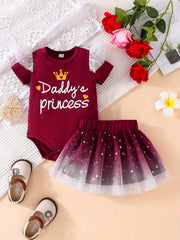 2pcs Baby Girls Casual Flying Short Sleeve Onesie Mesh Skirt