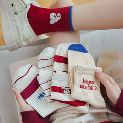 5 Pairs Letter & Striped Print Socks Women's Mid Tube Stockings
