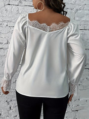 Contrast Lace Sleeve V Neck Blouse
