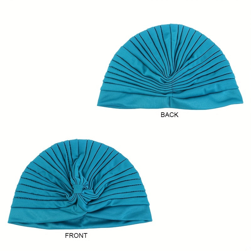 Solid Turban Cap Pleated Head Wrap Elastic Bonnet Women Ramadan Hijab Chemo Hats