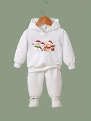 Girls Christmas Cartoon Print Hooded Top Sweatpants Set
