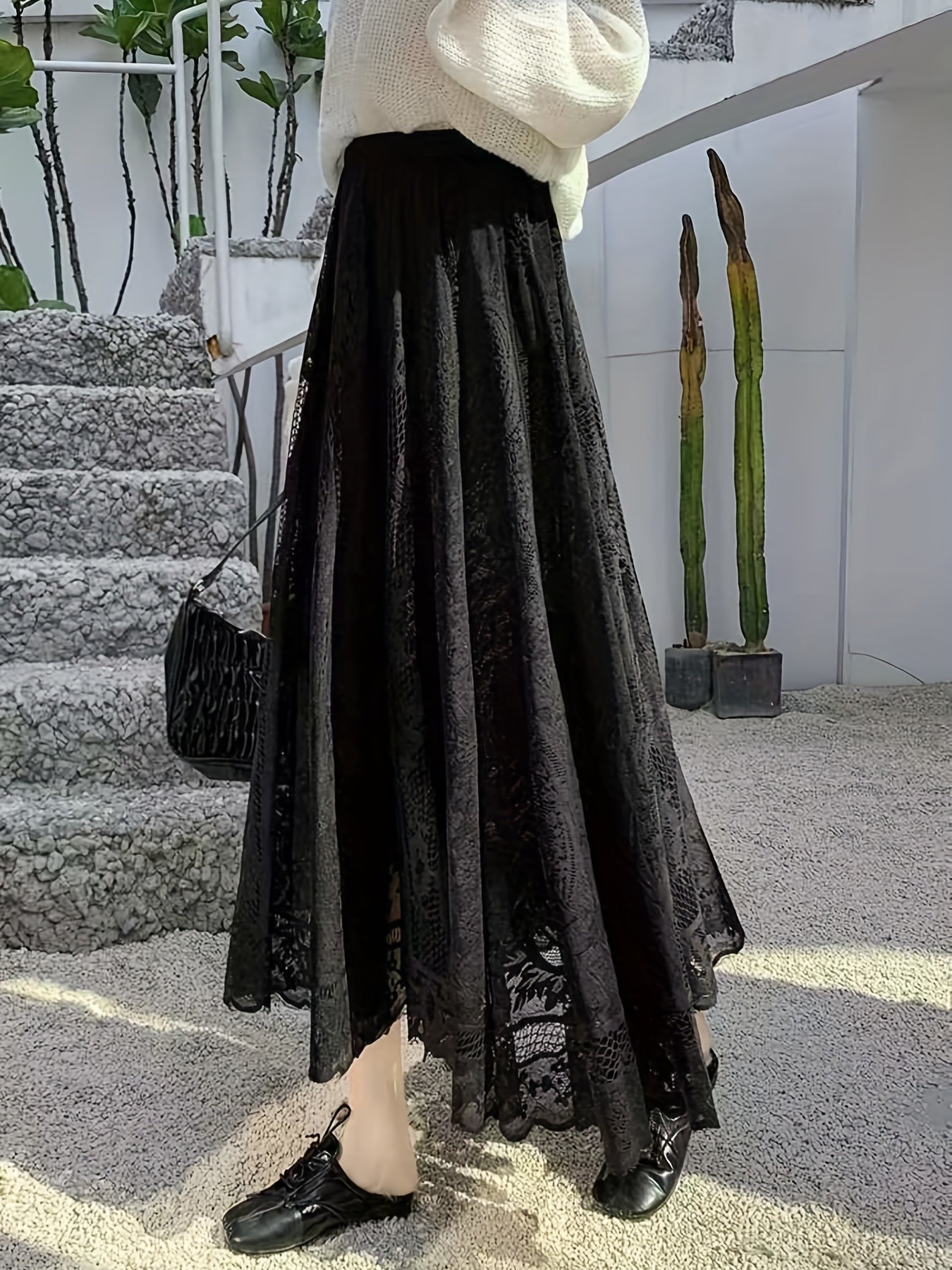 Lace Baroque Print Maxi Skirt - Solid Pleated Women's Clothing