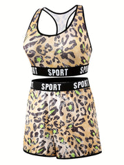 Plus Size Leopard Print Sports Bra & Boy Shorts Set
