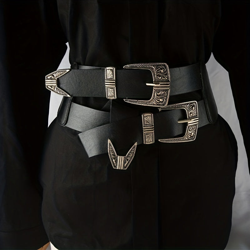 Double Layer Carved Buckle Belt Gothic Vintage Wide Waistband Women Coat Girdle