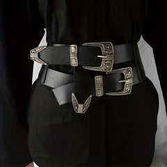 Double Layer Carved Buckle Belt Gothic Vintage Wide Waistband Women Coat Girdle
