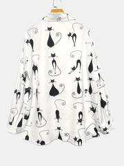Cartoon Cat Print Button Up Long Sleeve Blouse