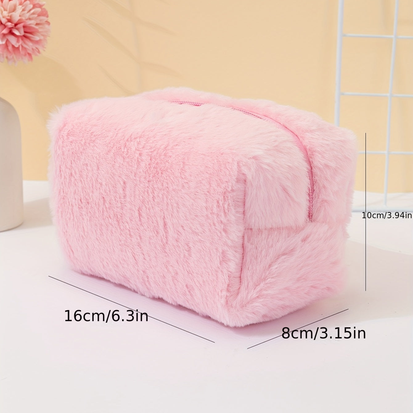 Pink Plush Cosmetic Bag Roomy Makeup Travel Portable Toiletry Organizer
