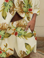 Tropical Print Button Up Skirt & Shorts Outfit Set