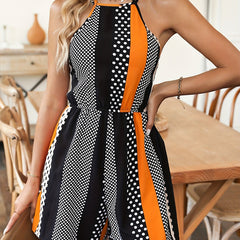 Geometric Print Halter Neck Romper Jumpsuit Casual Backless Jumpsuit