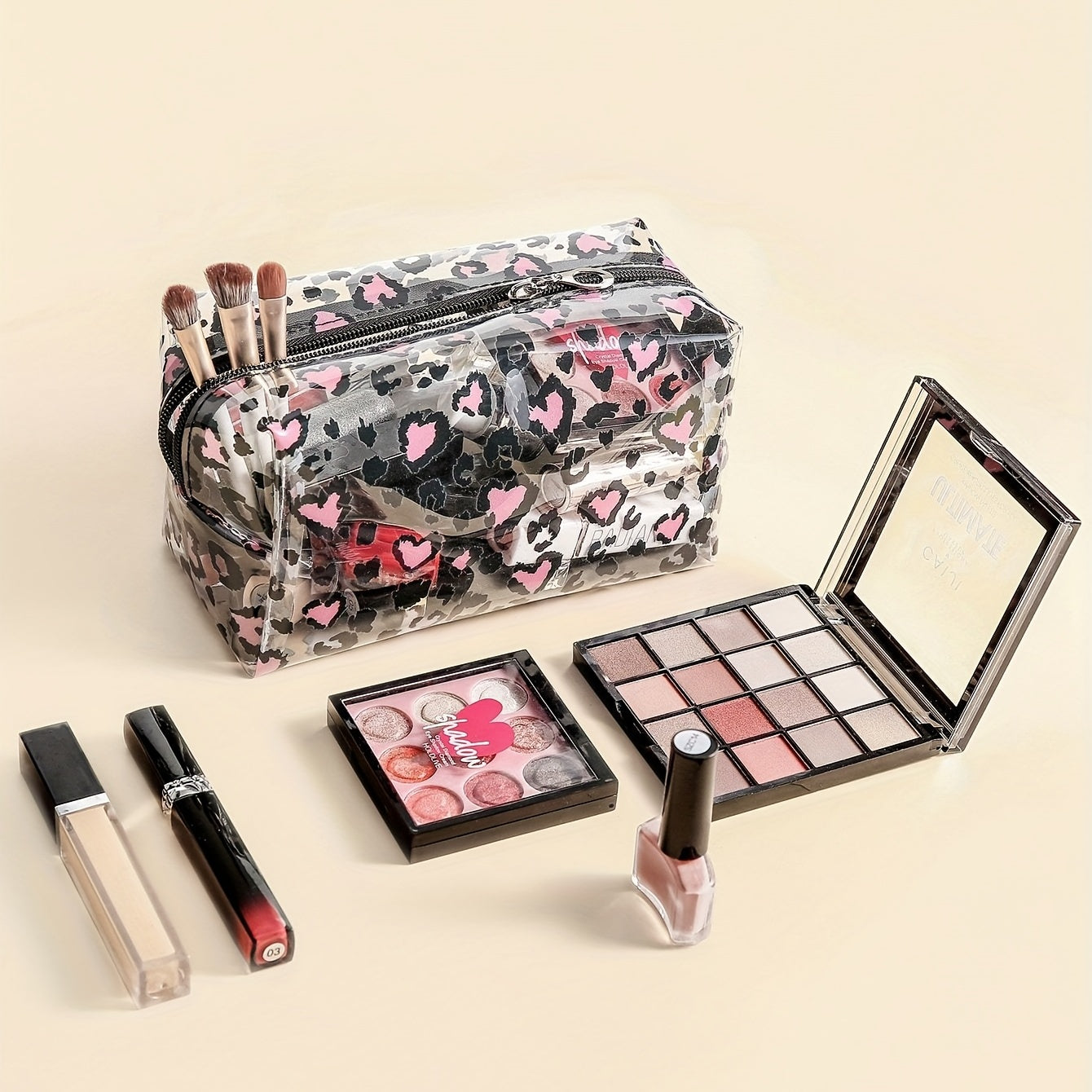 Leopard Heart Pattern Cosmetic Bag for Women