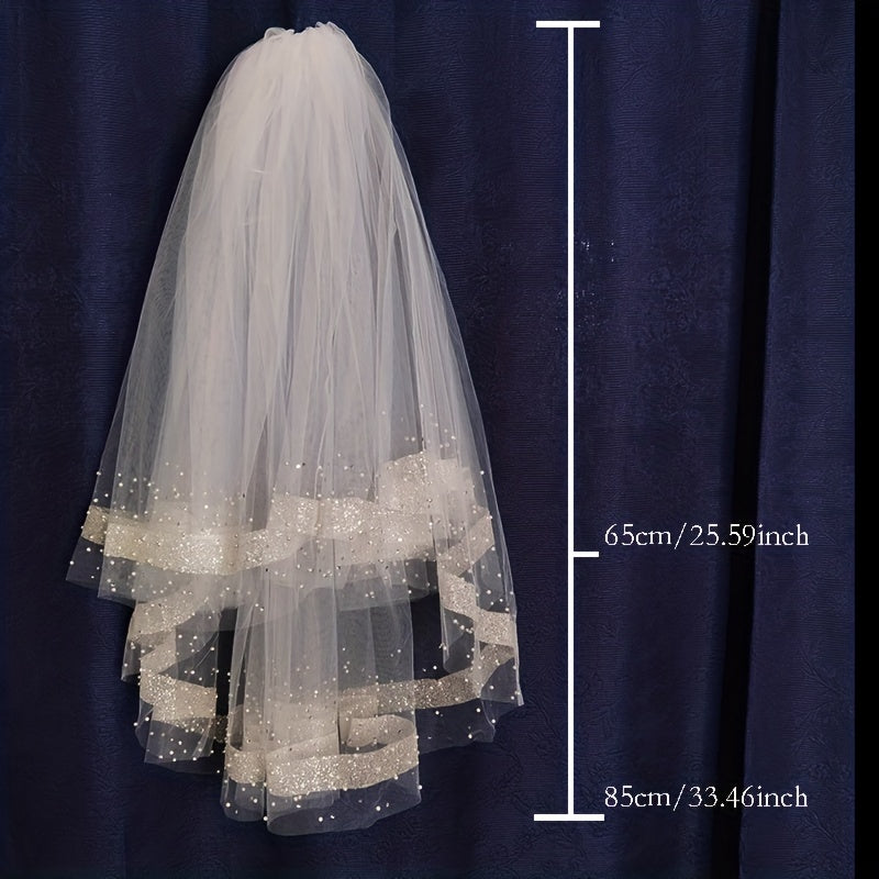 2 Tiers Ribbon Faux Pearl Edge Veil Bridal Wedding Hair Accessories
