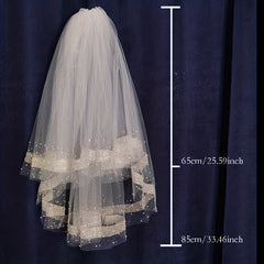 2 Tiers Ribbon Faux Pearl Edge Veil Bridal Wedding Hair Accessories