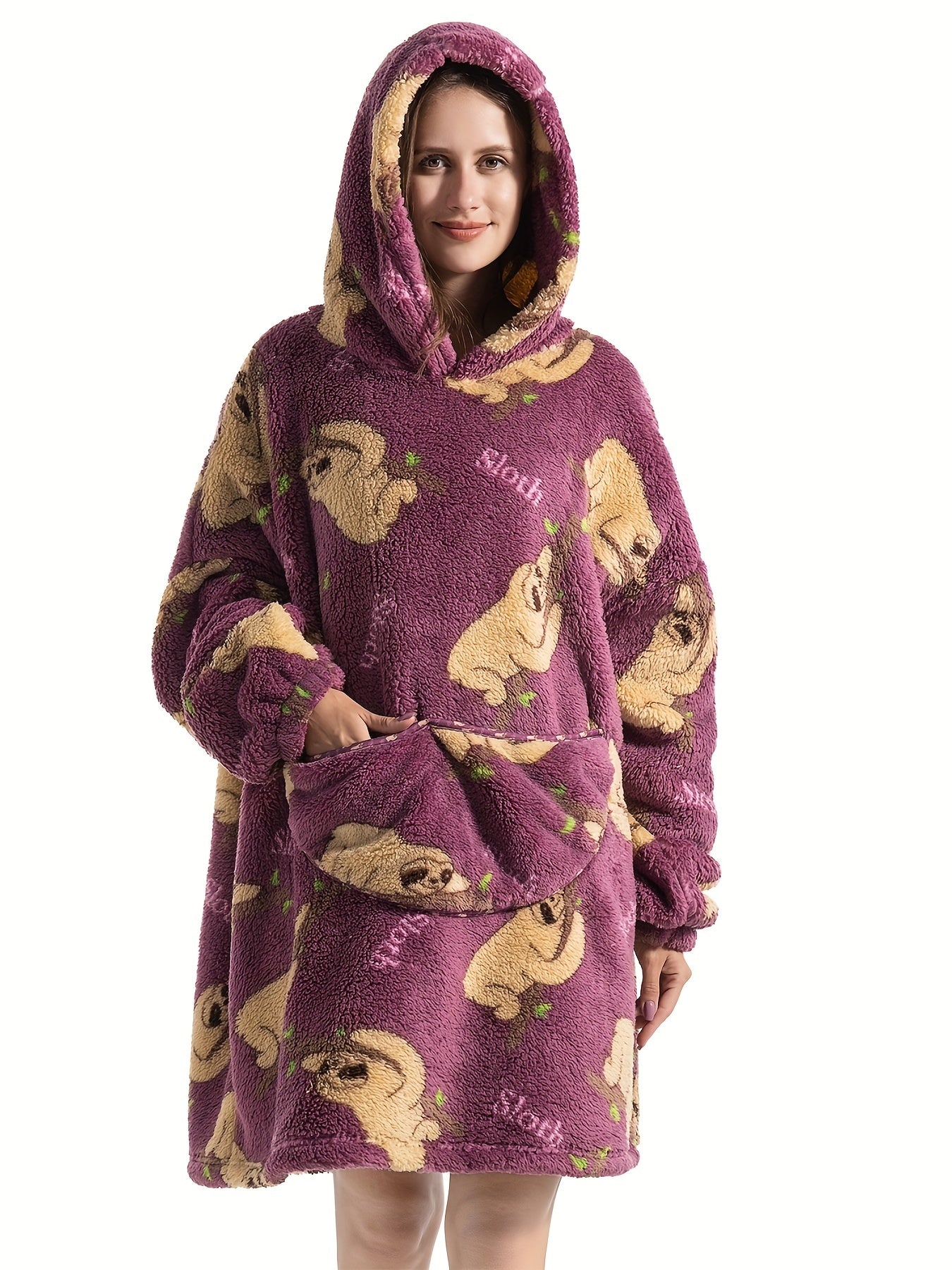 Lounge Robe Women's Plus Sloth Pattern Warm Oversized Fleece Hoodie