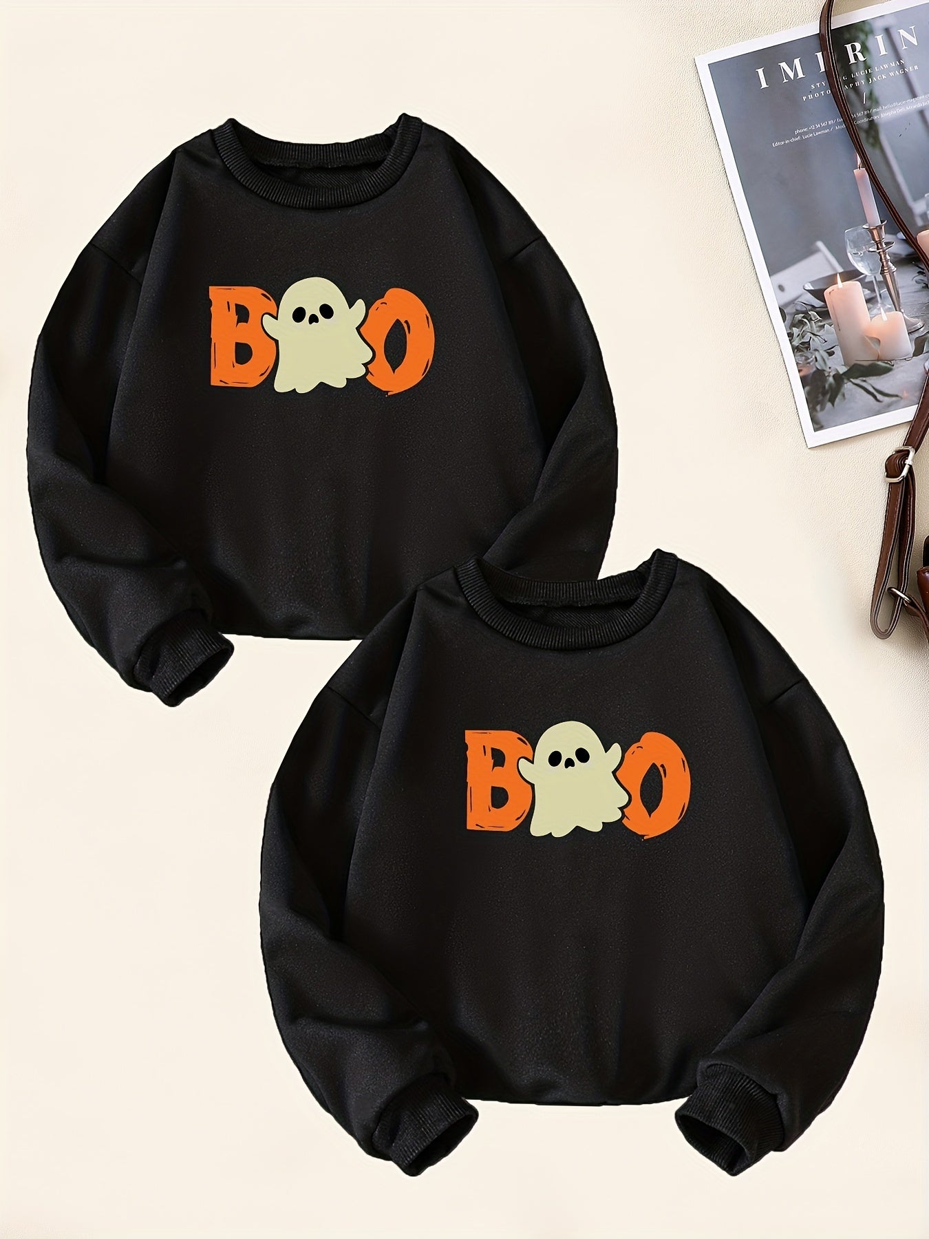 2pcs Boo Print Sweatshirt For Boys Casual Graphic Stretch Fabric Autumn Winter