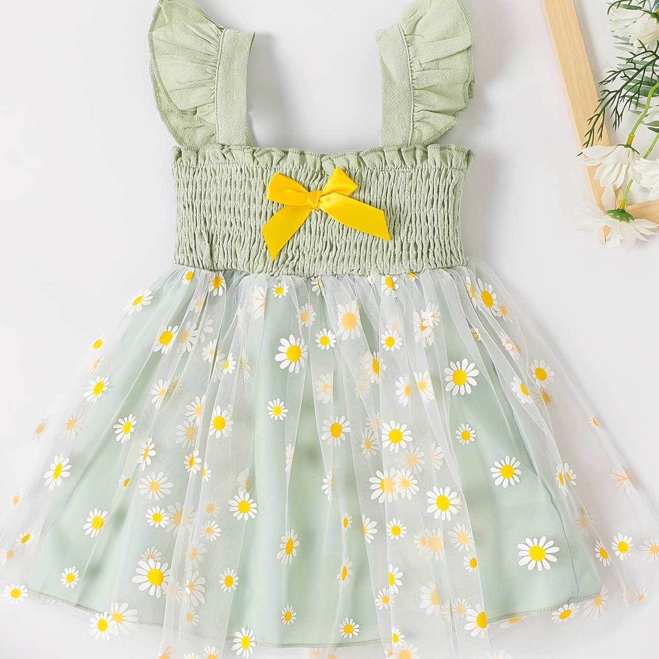 Girl's Chrysanthemum Graphic Gauze Dress With Suspenders Tunic Puffy Dress