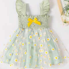 Girl's Chrysanthemum Graphic Gauze Dress With Suspenders Tunic Puffy Dress