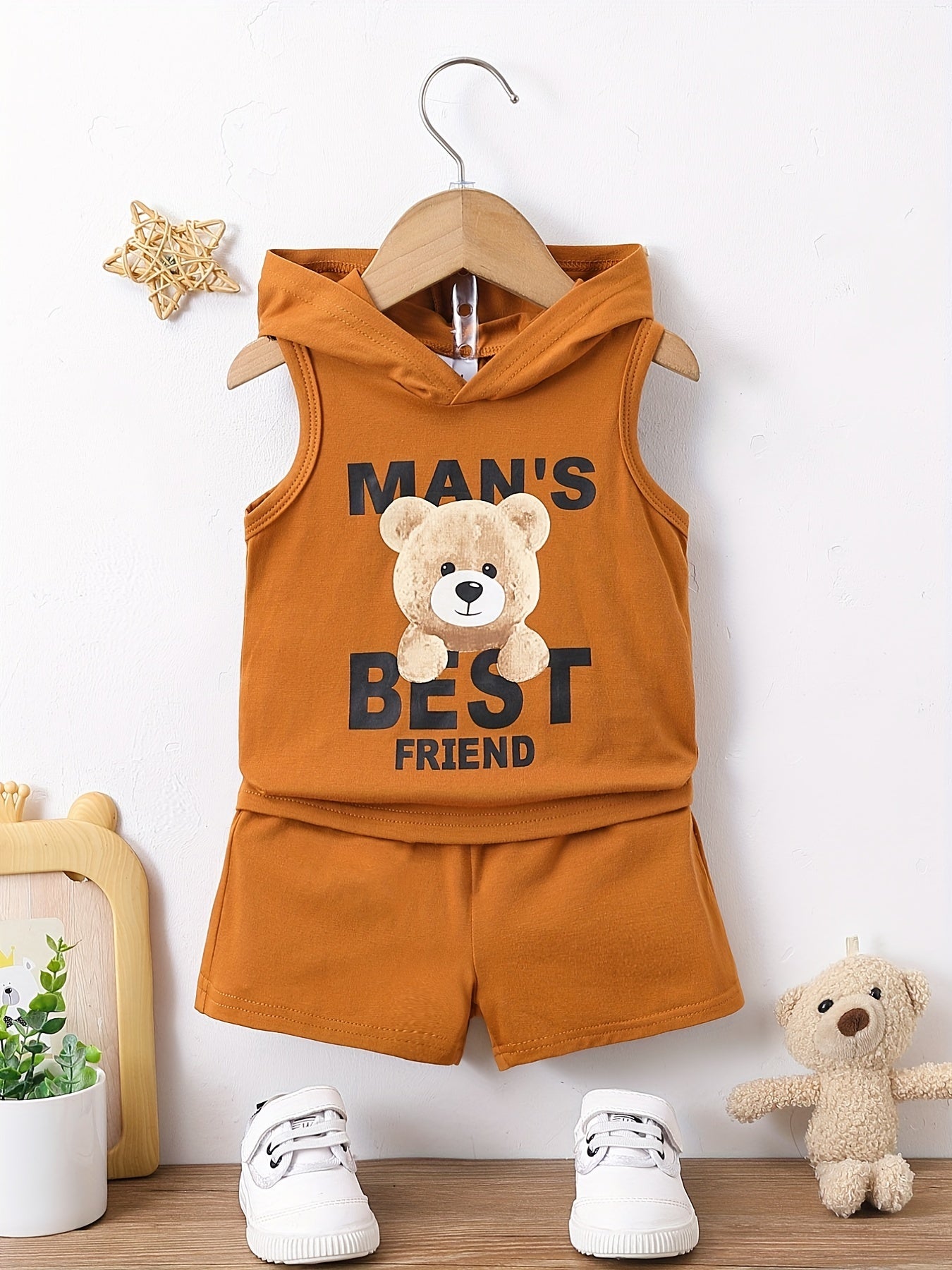 Baby Boys Friends Bear Hooded Tank Top & Shorts Set