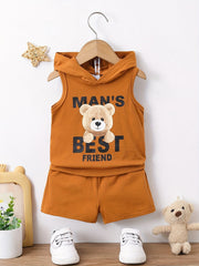 Baby Boys Friends Bear Hooded Tank Top & Shorts Set