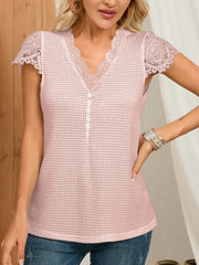 Lace Contrast Button Front Blouse Top V Neck Short Sleeve Tops