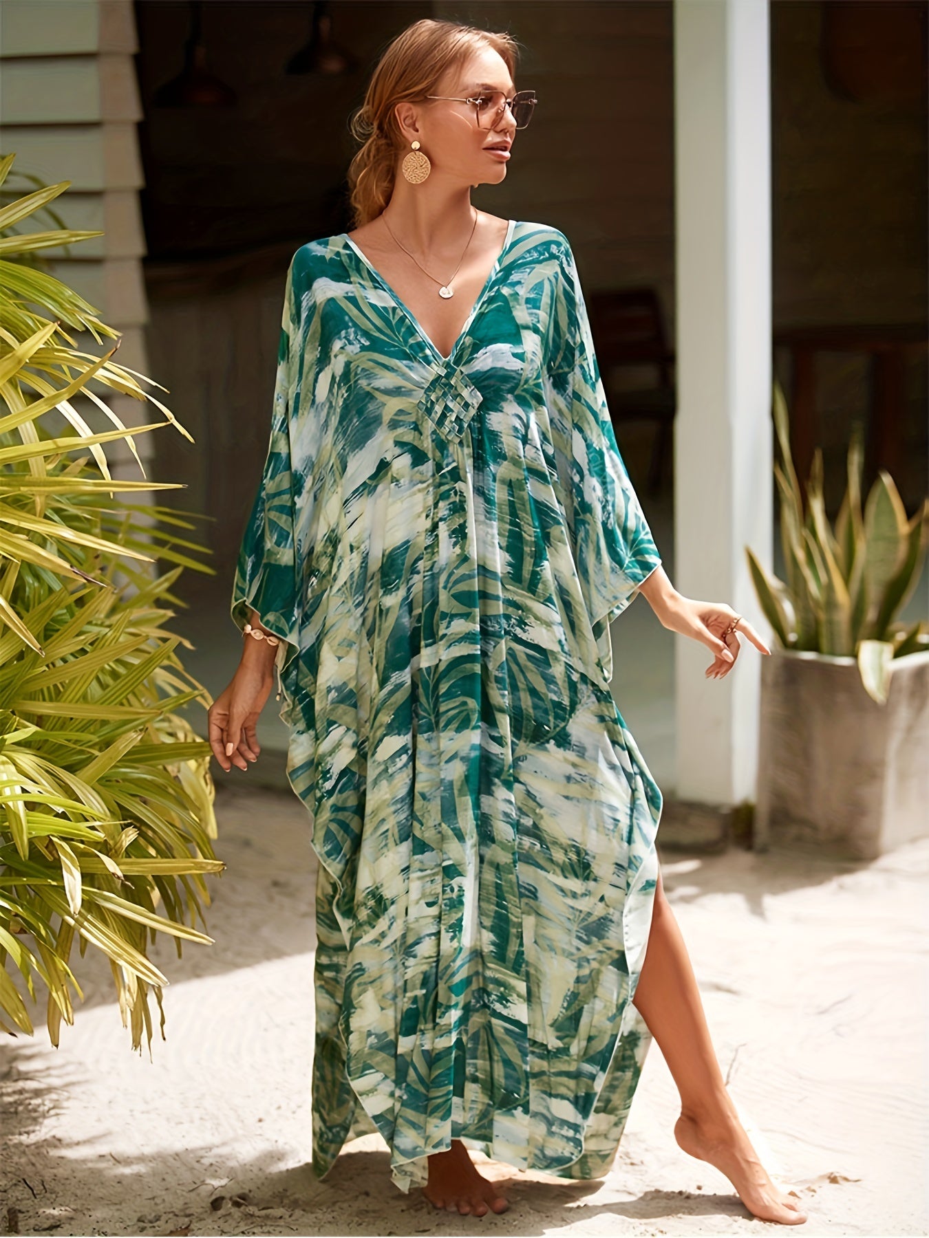 Chain Print Bat Sleeve Cover Up Dress